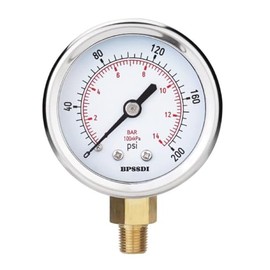 BPSSDI 0-200 Psi Pressure Gauge, 2.5" Dial Size, 1/8" NPT Lower Mount, 304 Stainless Steel Case, Water Pressure Gauge Test for Pool Pump, Sand Filter, Air Compressor, Espresso(with Tape)