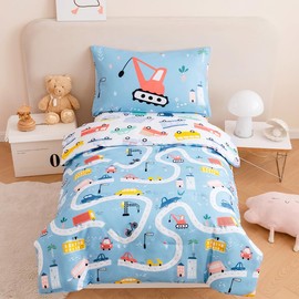 STYHO Single Duvet Cover Cartoon Cars Pattern Kids Bedding Sets for Boys Girls Teens Reversible Colorful Blue Vehicles Cranes Children Duvet Cover Sets(Blue, Single)