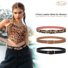 JASGOOD 3 Pack Women’s Leather Belts for Jeans Pants Fashion Ladies Belt with Gold Buckle C-Black+Brown+Leopard