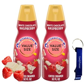 White Chocolate Raspberry Liquid Coffee Creamer.- Two (2) 32 fl oz Bottles of Smooth & Creamy Delightful Coffee Creamer and Candy Freezer Bottle Opener Keychain (White Chocolate Raspberry) - Keychain