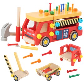 HIWO Carpentry Toy, Building Toy, Fire Truck, Wooden Toy, Tool Toy, Car, DIY, Screw, Car, Truck, Training, Carpenters, Indoor Play, 3, 4, 5, 6 Years, Girls, Boys, Birthday Gift, Ranking, Children's