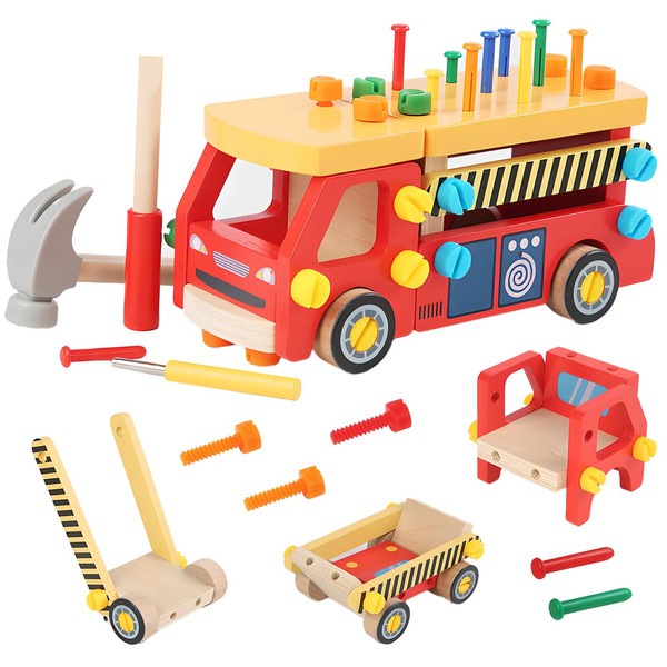 HIWO Carpentry Toy, Building Toy, Fire Truck, Wooden Toy, Tool