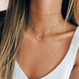 Yienate Boho Layered Moon Necklace Choker Chain Moon Rhinestone Pendant Beads Choker Chain Short Necklace Gold Layered Charm Necklace Jewellery Gifts for Women and Girls, Metal Material, Rhinestone