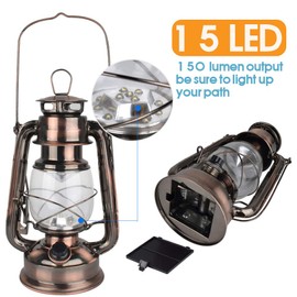 Vintage LED Hurricane Lantern, Warm White Battery Operated Lantern, Antique Metal Hanging Lantern with Dimmer Switch, 15 LEDs, 150 Lumen for Indoor or Outdoor Usage (Copper)