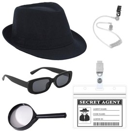 WETEPUXI 5 Pcs Detective Costume Set Secret Agent Cosplay Outfit Accessories Kit Includes Detective Hat Sunglasses Earpiece Magnifying Glass