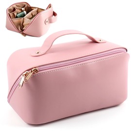 MAMUNU Large Capacity Cosmetic Bag, Travel Cosmetic Storage Bag with Handle, Portable Zipper Cosmetic Bag Toiletry Bag Makeup Bag Large with Compartments for Women Girls (Pink)