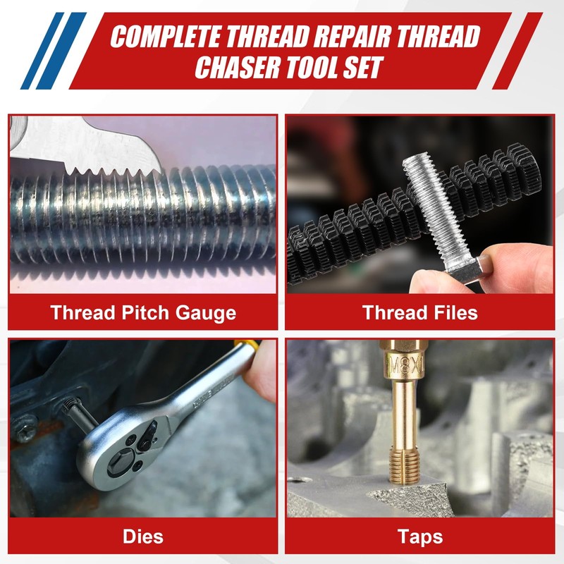61Pcs Thread Repair Kit, UNC, UNF & Metric Thread Chaser