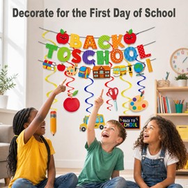 Pre-Strung First Day of School Banner, Happy First Day of School Glitter Decor, Glitter Garland & Hanging Swirls Set, Welcome Back Decor for Home Photo Props Kindergarten Preschool 1st Grade