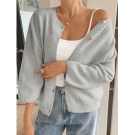 Cicy Bell Womens 3/4 Puff Sleeve Cardigan Sweater Fall Trendy Casual Button Up Loose Fit Cropped Knit Sweaters Grey