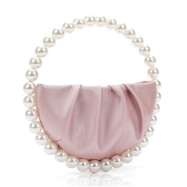 CARIEDO Pearl Soft Face Pleated Handbag Advanced Evening Bag Party Prom Bride Purse Phone Clutch Purse (Pink)