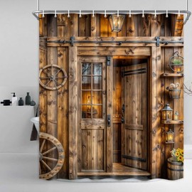 Rustic Barn Door Shower Curtain, Farmhouse Door Shower Curtain Brown Wood Door Shower Curtain Set, Western Shower Curtain Decor Waterproof Retro Farm Wood Bathroom Curtain with Hooks 72X72 Inch