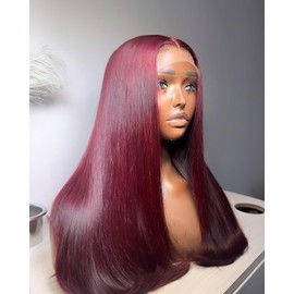 Fynokeh 99J Burgundy Lace Front Wigs Human Hair 24Inch 13x6 HD Lace Straight Front Wigs Human Hair 220 Density Red Colored Lace Front Wigs Human Hair for Women Pre Plucked with Baby Hair
