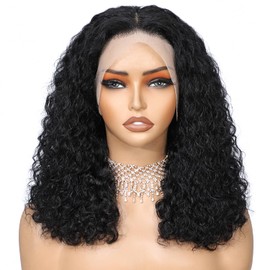 UREMY Burmese Curly Wig Human Hair 13x4 HD Deep Wave Lace Front Wigs Pre Plucked Brazilian Human Hair 180% Density Bob Wigs for Black Women Water Wave with Bouncy Curls Natural Black 18 Inch