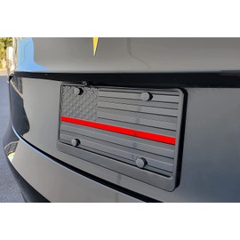 American Black USA Firefighter Support Honoring Embossed Flag Custom Designed Aluminum 4 Hole License Plate, 3D Stars and Stripes Proud Patriotic Vanity Gift with Textile US Flag Keychain (RED LINE)