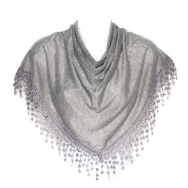 Hat To Socks Triangle Scarf with Bobbin Lace Fringes for Women (Grey)