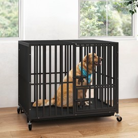DWVO Heavy Duty Dog Crate, 38 Inch Escape-Proof Dog Cage Indoor Kennel for Medium Small Dogs with Lockable Wheels, 3-Door Design, High Anxiety Dogs Crate with Removable Trays