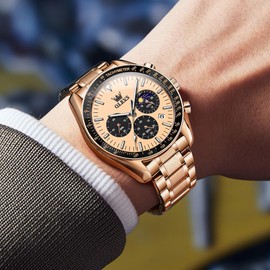 OLEVS Rose Gold Watches for Mens Business Dress Analog Quartz Stainless Steel Mens Wrist Watches Chronograph Date Moon Phase Luxury Fashion Casual Waterproof Luminous
