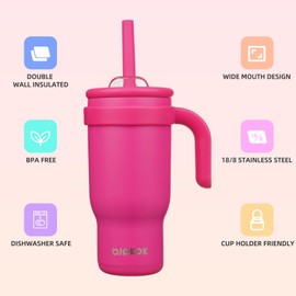 BJPKPK 18 OZ Insulated Travel Tumbler with Handle and Straw, Stainless Steel Water Bottle, Double Wall Vacuum Insulated Mug, for Work, Car, Travel, Rose Red