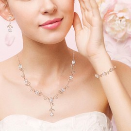 EVER FAITH Boda Juego de Joyería Para Mujer, Cristal Zirconia Cúbica Hojas Dobles de gotas de agua Collar Arete Set para Novia Regalo para cumpleaños/Día de la Madre/Navidad