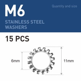 BOUMVID Pack of 15 M6 Tooth Washers Locking Washers, Serrated External Toothing Washers, Stainless Steel 304 Tooth Washers Clamping Discs Size Assortment Spring Washers for Screw Attachment