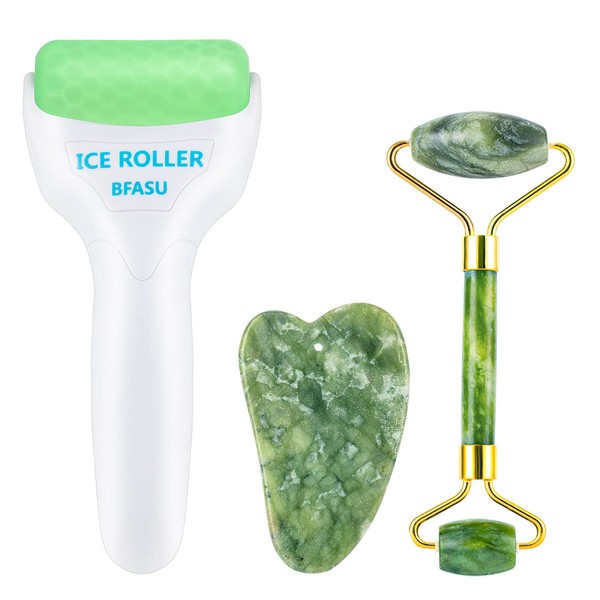BFASU Facial Roller Set of 3, Ice Roller, Two-Sided Jade Roller and Gua Sha Massage Tool, Rolling Tool for Facial Beauty and Body Massage, Helps Reduce Puffy,Skin Care Gifts (Green)