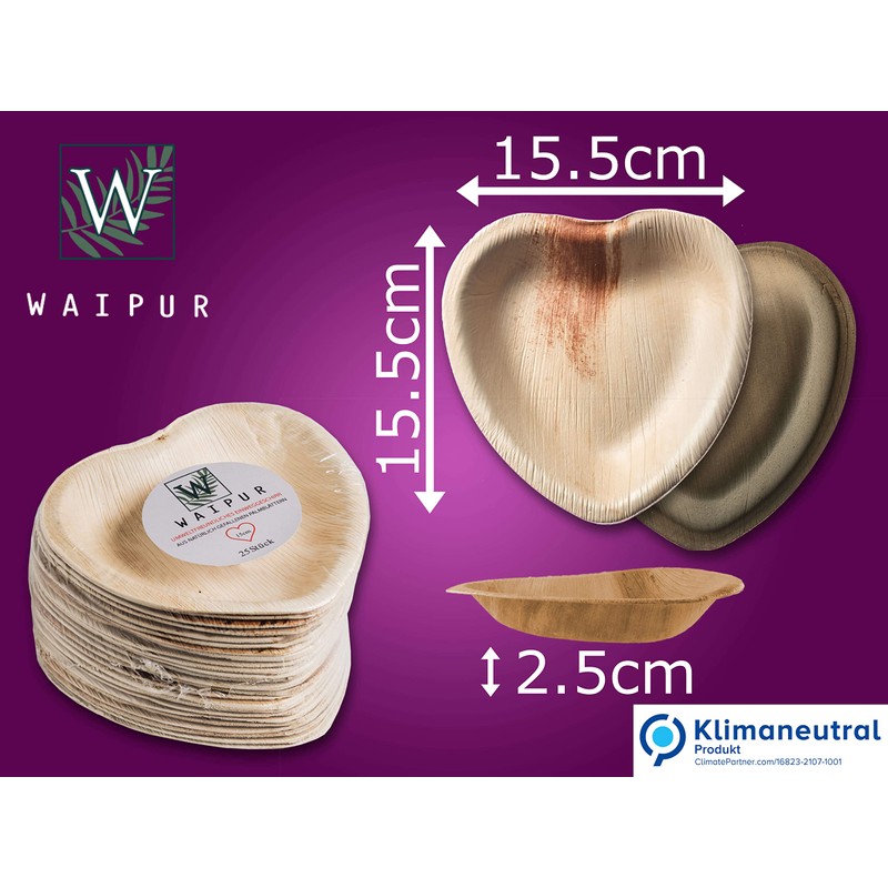 Waipur Organic Palm Leaf Plates - 25 Plates Heart 15