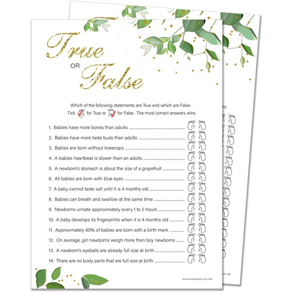 20 x True or False Baby Shower Game - Botanicals Design (20 Guest Cards + 1 Card of Answers for The Host)