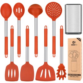 Silicone Cooking Utensil Set, 8Pcs Non-stick Cookware with Stainless Steel Handle, BPA Free Heat Resistant Kitchen Tools with Spatulas, Turners, Spoons, Skimmer and Pasta Fork (RED)
