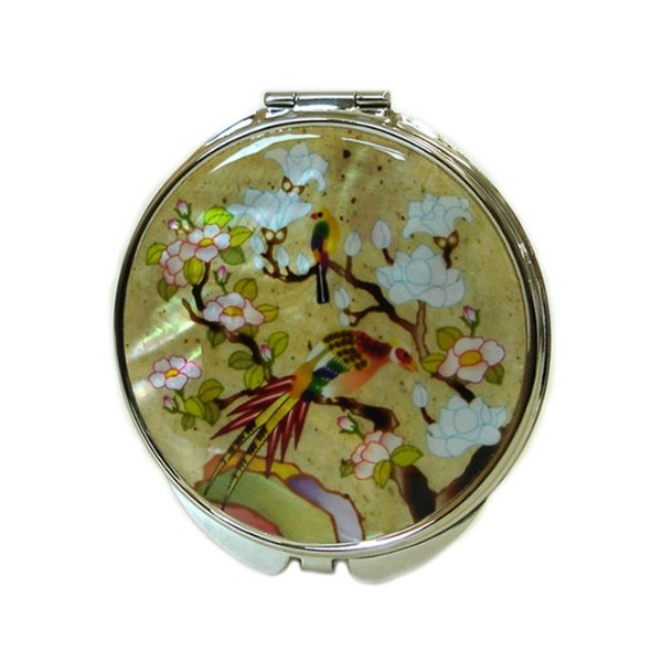 Double Yellow Mother of Pearl Make Up Compact Mirror Magnification Mirror for Make Up/Cosmetic Mirror Bag or Handbag with White Magnolia Flower Bird Design Hard Case