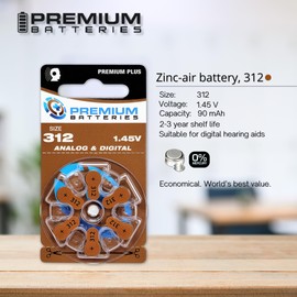 Premium Batteries Size 312, PR41, P312, ZA312 1.45V Zinc Air Hearing Aid Batteries Brown Tab (6 Batteries)