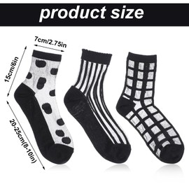 Meyeyaia 3 Pairs Black Sheer Socks Women Ankle,See Through Socks for Women,Dots, Stripes and Geometric,Summer
