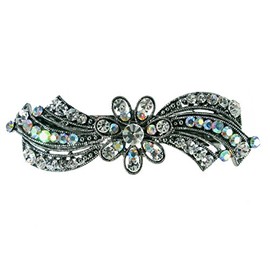 Crystal Clear Sparkly Flower Hair Barrette Silver Tone Clear & Clear AB (PH17)