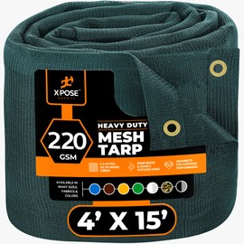 Xpose Safety Heavy Duty Green Mesh Tarp 4' x 15' – 70% Sunblock Shade Cloth with Grommets for Garden, Fence, Privacy Screen, Canopies, Dump Trucks, Pool Cover – Tear & Weather Resistant