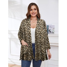BELAROI Plus Size Cardigan Lightweight Cardigan Sweaters for Women Casual Open Front 3/4 Sleeve Soft Drape Cardigan Duster Cover Up (4X, Leopard Print)