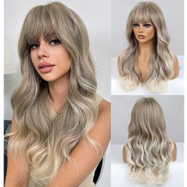 WTHCOS Long Ombre Brown Blonde Wigs Ash Blodne Wig for Women Long Curly Wavy Brown Mixed Blonde Wig With Bangs Silky Full Heat Resistant Synthetic Wig with Wig Cap (Blonde Mix Brown)