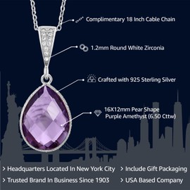 Gem Stone King 925 Sterling Silver Amethyst Pendant Necklace For Women (6.50 Cttw, Pear Shape 16X12MM, Gemstone Birthstone, with 18 Inch Silver Chain)