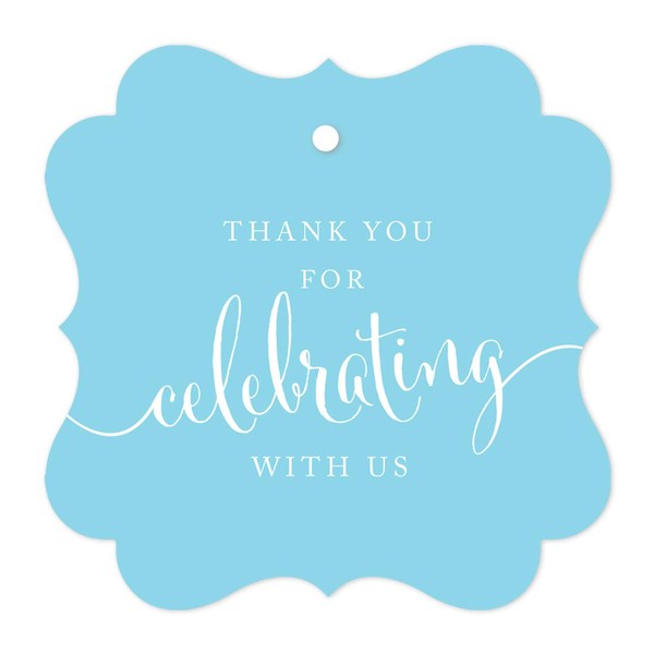 Andaz Press Fancy Frame Gift Tags, Thank You for Celebrating with Us, Baby Blue, 24-Pack, for Baby Bridal Wedding Shower, Kids 1st Sweet 16 Quinceanera Birthdays