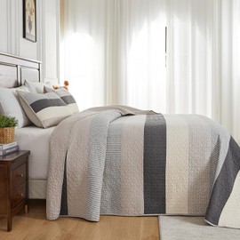 FineStichery Oversized King Quilt Bedspread Coverlet 120x120, 100% Cotton Extra Large Quilt with Pillow Shams, Soft Yarn Dyed Striped Bedding Set, Gray/Khaki/Beige/Charcoal