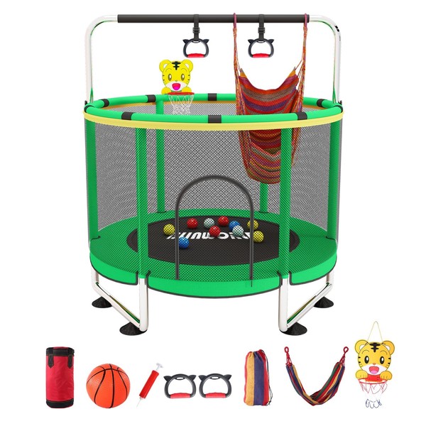 Trampoline for Kids, Adjustable Baby Toddler Trampoline with Basketball Hoop, 440lbs Indoor Outdoor Toddler Trampoline with Enclosure (Green)