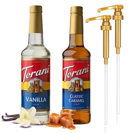 Torani Coffee Syrup Variety Pack - Vanilla and Caramel Syrup for Coffee with 2 Jimoco Syrup Pump Dispenser Compatible with Torani Syrup