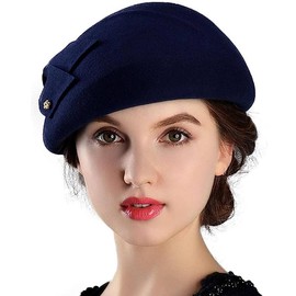 HIMESPORT Wool Felt Bowknot Elegant Fedora Hats Women Fascinators Pillbox Hats Formal Church Derby Dress Fedoras Navy