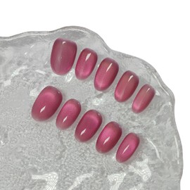 Cat Eye Press on Nails Handmade Short Oval/Square/Round False Nails with French Tip/Aurora/Magnetic Shimmer Designs (Jelly#Rose Queen, Medium)