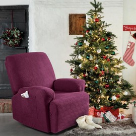 KinCam Recliner Covers, Stretch Reclining Chair Covers, Recliner Sofa Slipcovers Stripe Jacquard Recliner Couch Covers Furniture Protector Covers for Pet Kid (1 Seater, Burgundy)