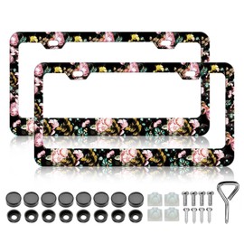 LIN KANG 2Pcs Vintage Roses License Plate Frame Retro Flowers Novelty Romantic License Plate Holder Universal Aluminum Metal Rust-Proof Waterproof Car Decorative Tag Frames for Standard US 12x6 Inch