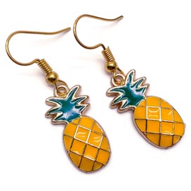 Pineapple Charm Earrings - Yellow Fruit Enamel Charm Beads on Nickel Free Hooks : 39mm