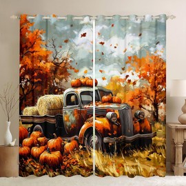 Manfei Autumn Thanksgiving Kids Window Curtains,Fall Truck Harvest Pumpkin Window Drapes for Boys Girls,Maple Leaves Rustic Orange Retro Window Treatments Grommet Top 2 Panel Set,38Wx54L inch