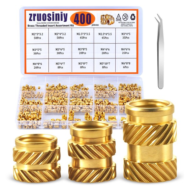 Zruosiniy 400Pcs Brass Knurled Threaded Embedment Nuts M2 M2.5 M3