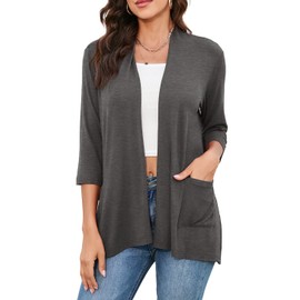 TASAMO Open Front Cardigans for Women Dressy 3/4 Sleeve Side Pockets Cover Up(X-Large,Dark Grey)