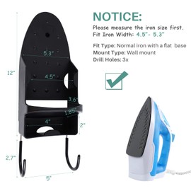 Ironing Board Hanger Wall Mount, Iron Hanger with Ironing Board Rack, Heat Resistant Iron Holder Wall Mount for Max 5 Inch Width (Black)