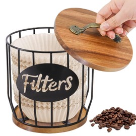Coffee Filter Holder with Wood Lid, Large Capacity Coffee Bar Organizer for Counter, Coffee Filter Storage for Organizer, Multi-functional Bar Accessories, Canister K Cup Holder Basket